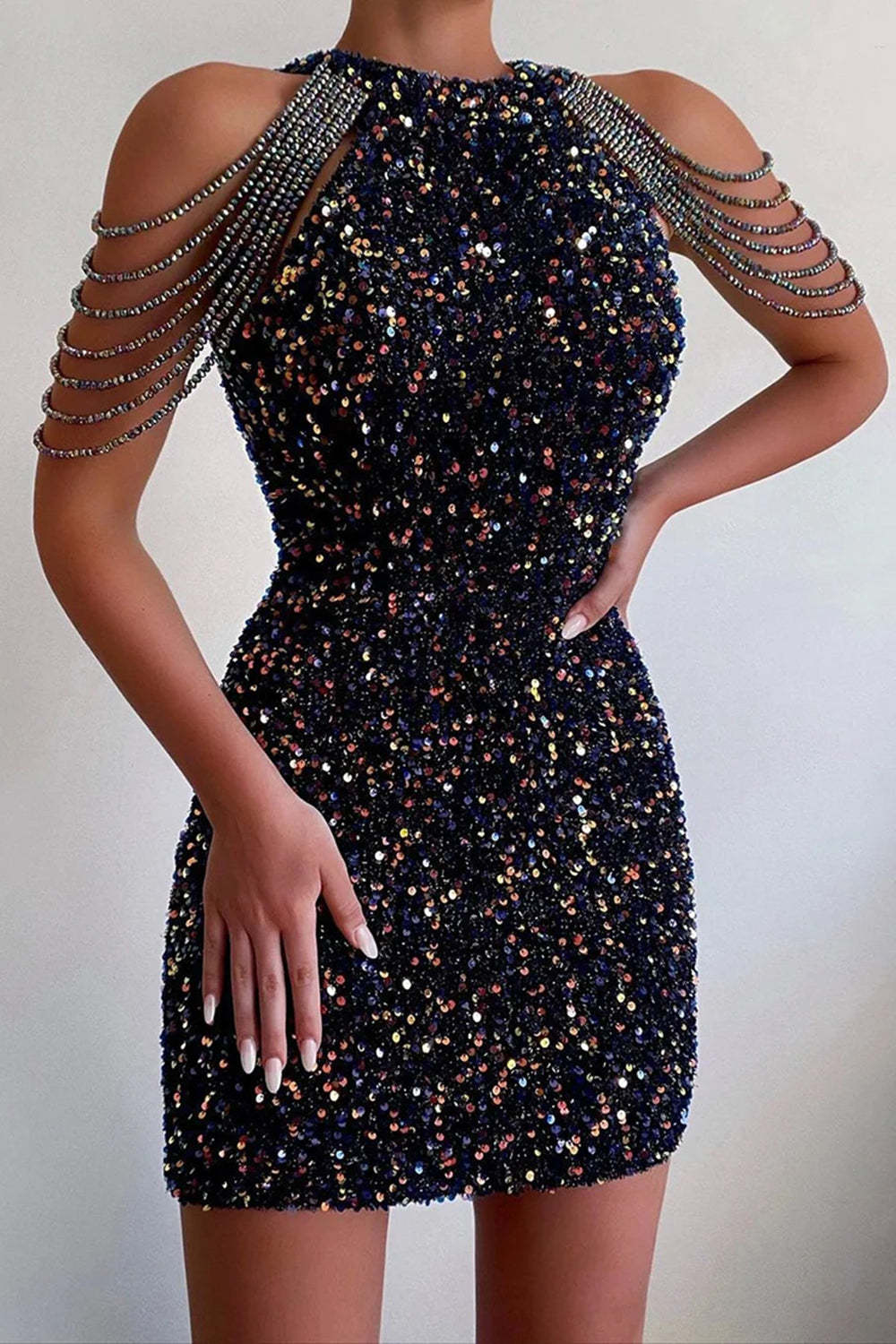 White Spaghetti Straps Sequins Sheath Short Cocktail Dress