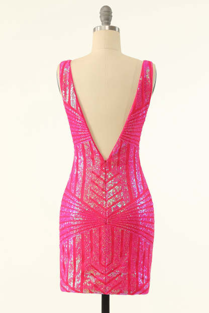 Fuchsia Sequins V Neck Tight Cocktail Dress