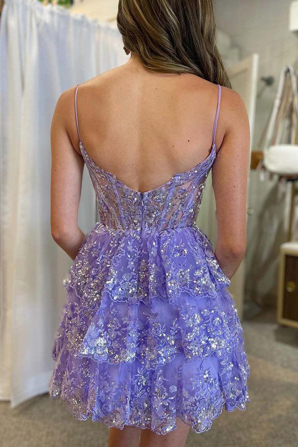 Princess A Line Spaghetti Straps Sequins Purple Short Cocktail Dress