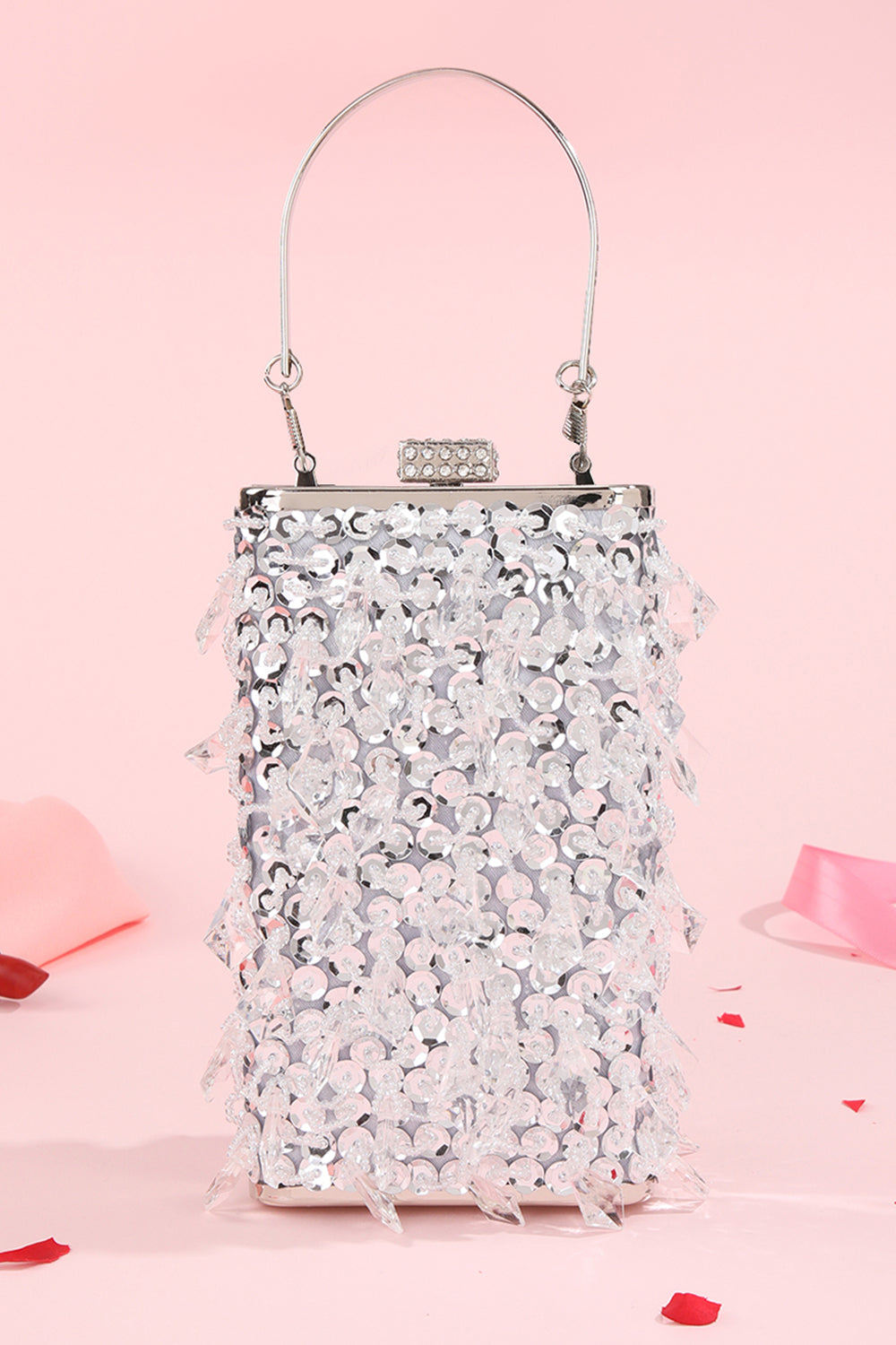Shoulder Bag with Silver Sequin Fringes and Chain