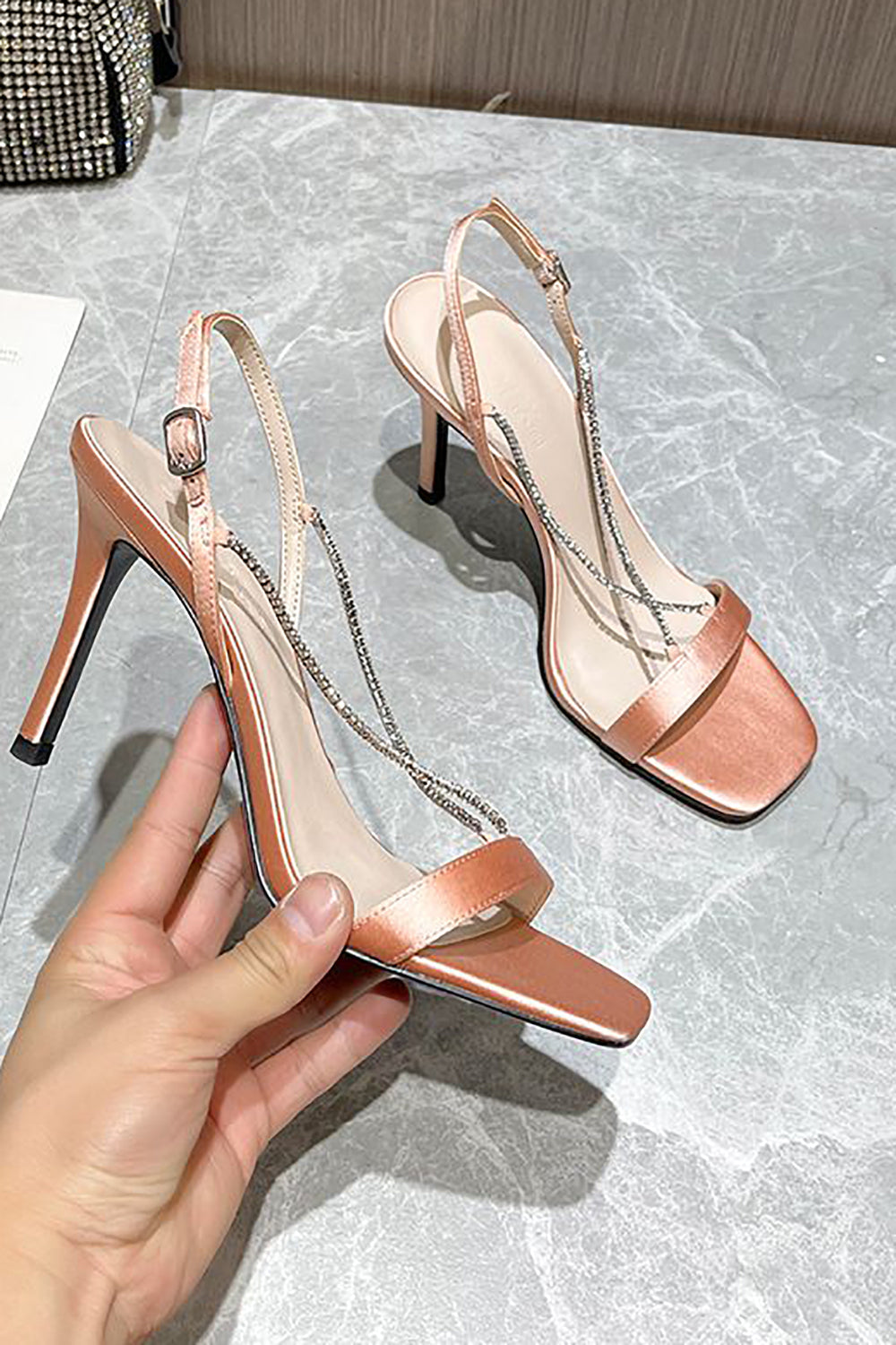 Black High Heel Stilettos with Beading and Square Toe