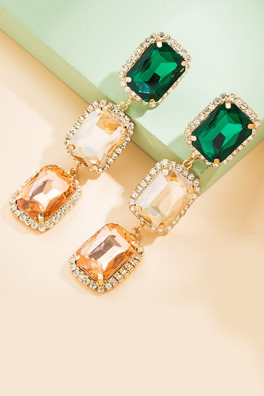 Party Earrings with Green Rhinestone Beads