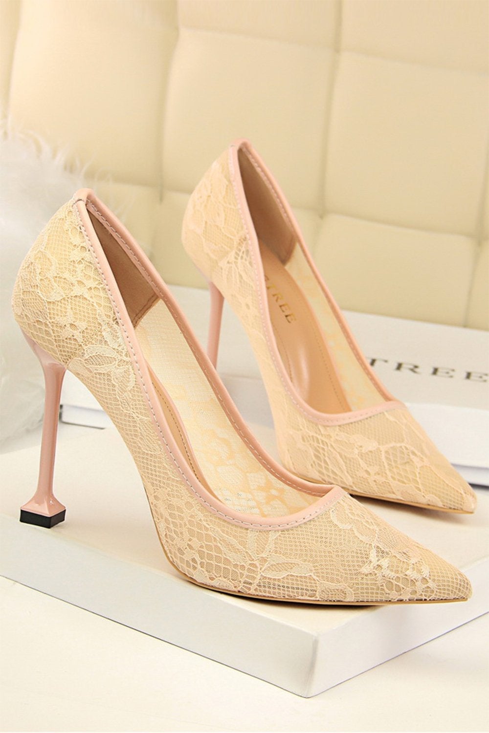 Pointy Stiletto Heels in Black Lace