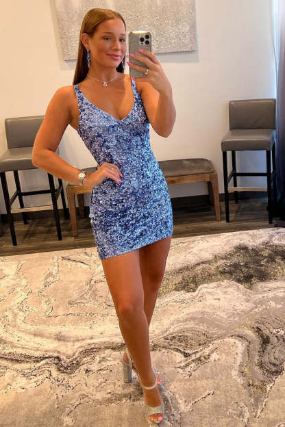 Light Blue Open Back Sequins Tight Cocktail Dress