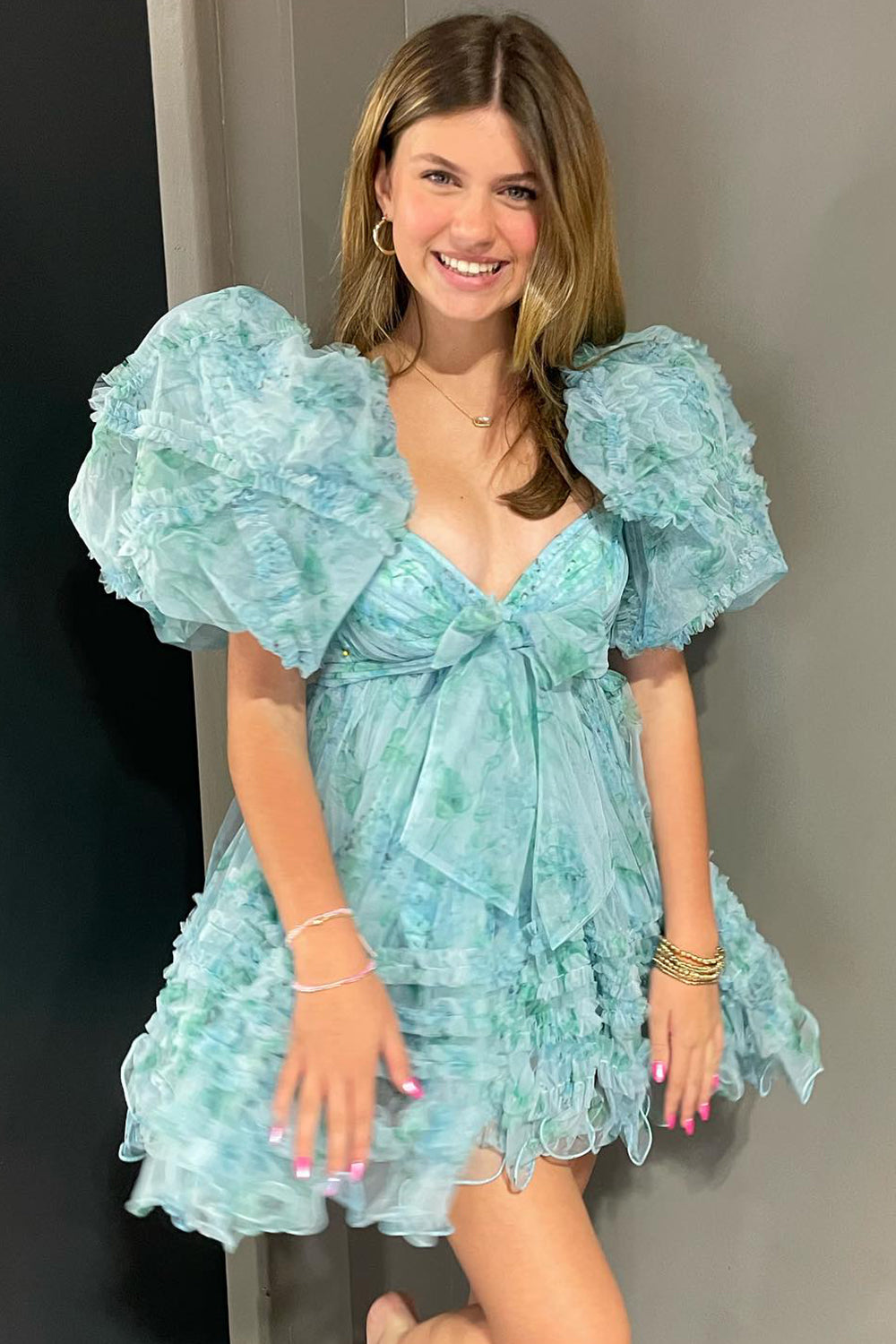 A Line Sweetheart Puff Sleeves Light Green Floral Short Cocktail Dress With Ruffles