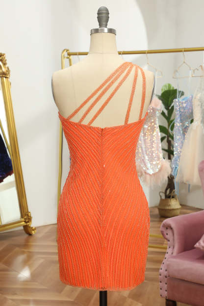 Sparkly Sheath Glitter Green One Shoulder Beaded Tight Cocktail Dress