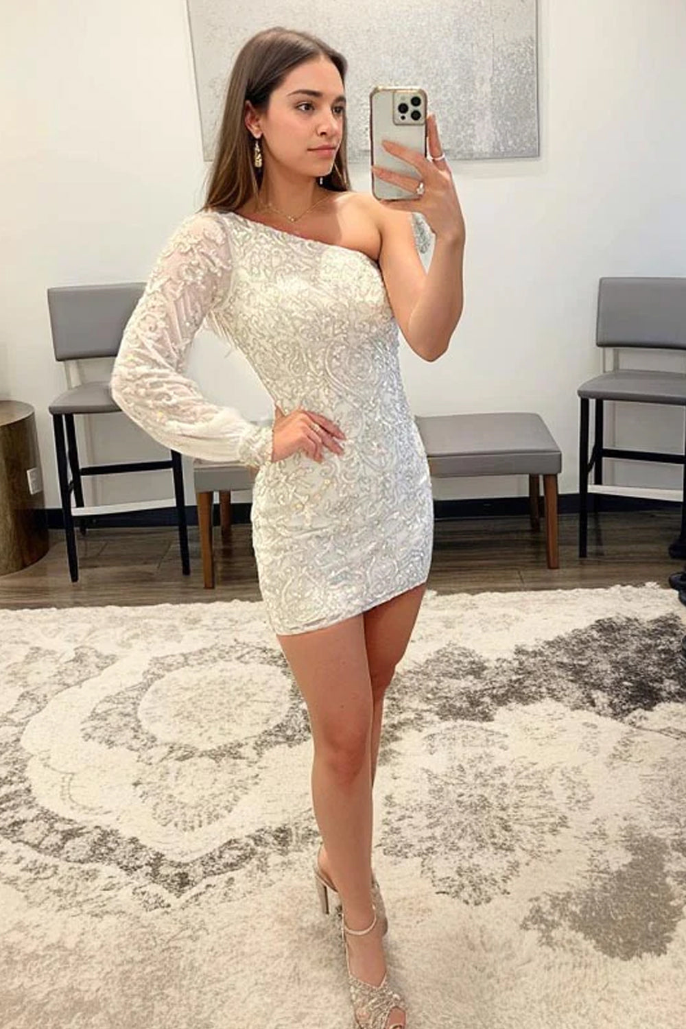 Hot Pink Beaded Sequins One Shoulder Tight Cocktail Dress