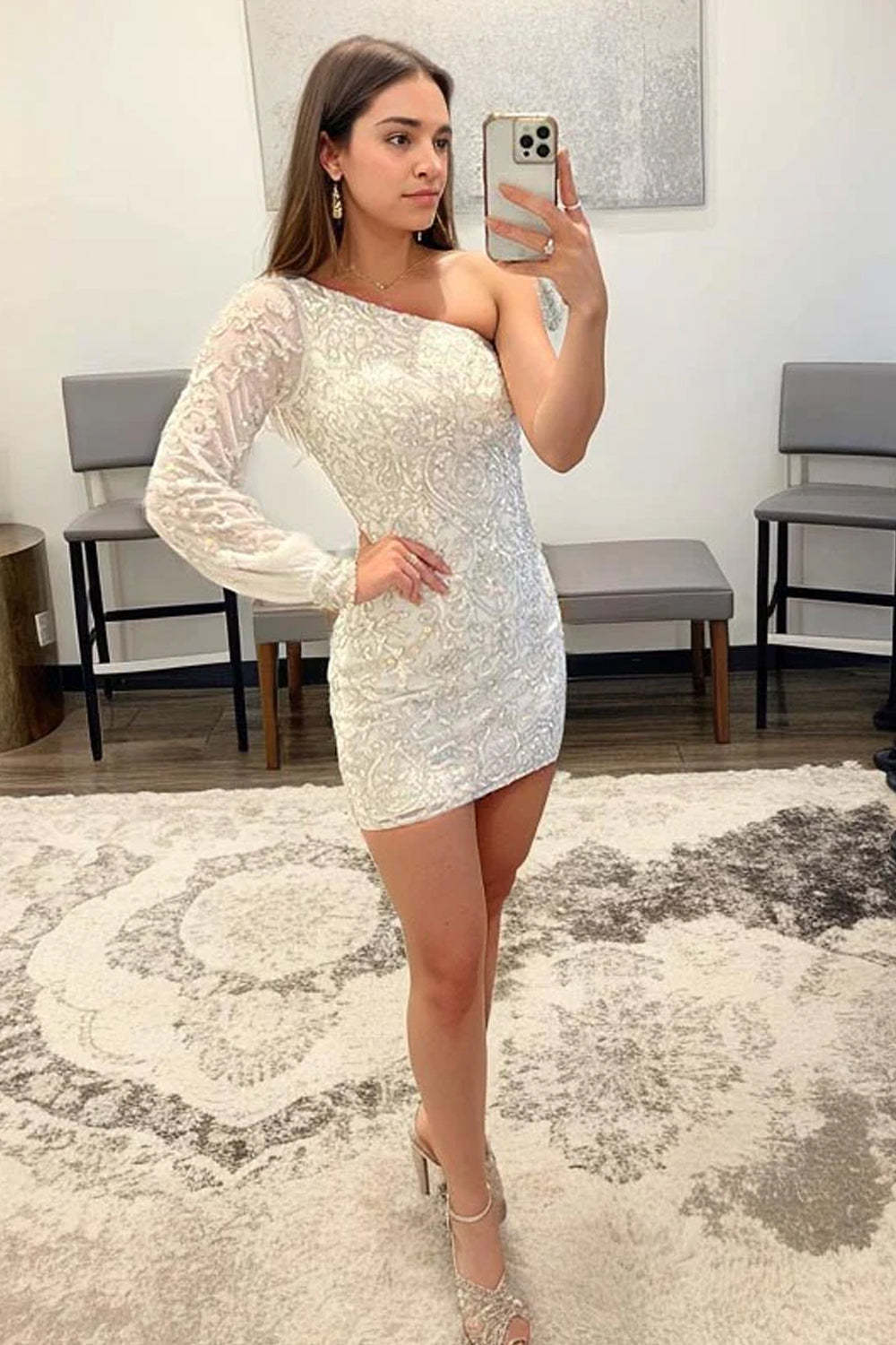 Hot Pink Beaded Sequins One Shoulder Tight Cocktail Dress