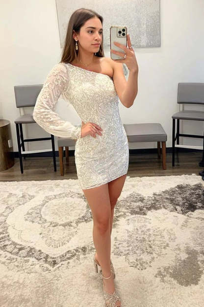 Hot Pink Beaded Sequins One Shoulder Tight Cocktail Dress