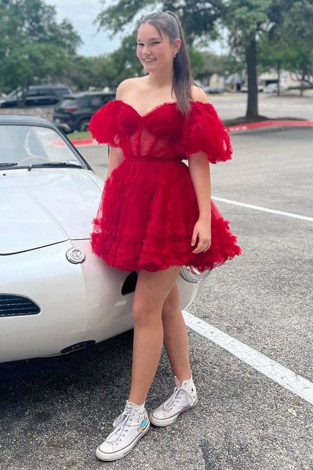 Cute A Line Off The Shoulder Black Tulle Corset Cocktail Dress
