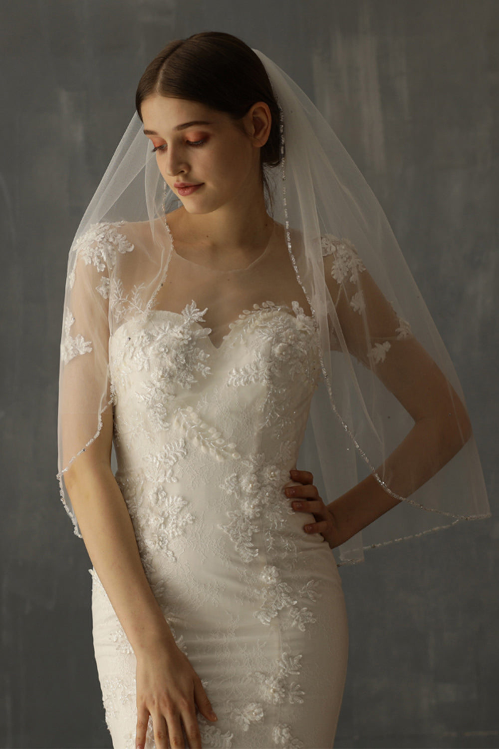 Beaded Mid-Length White Bridal Veil Handcrafted with Care