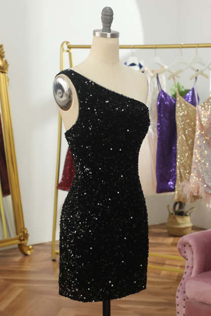 Sparkly Tight Black Sequins One Shoulder Cocktail Dress