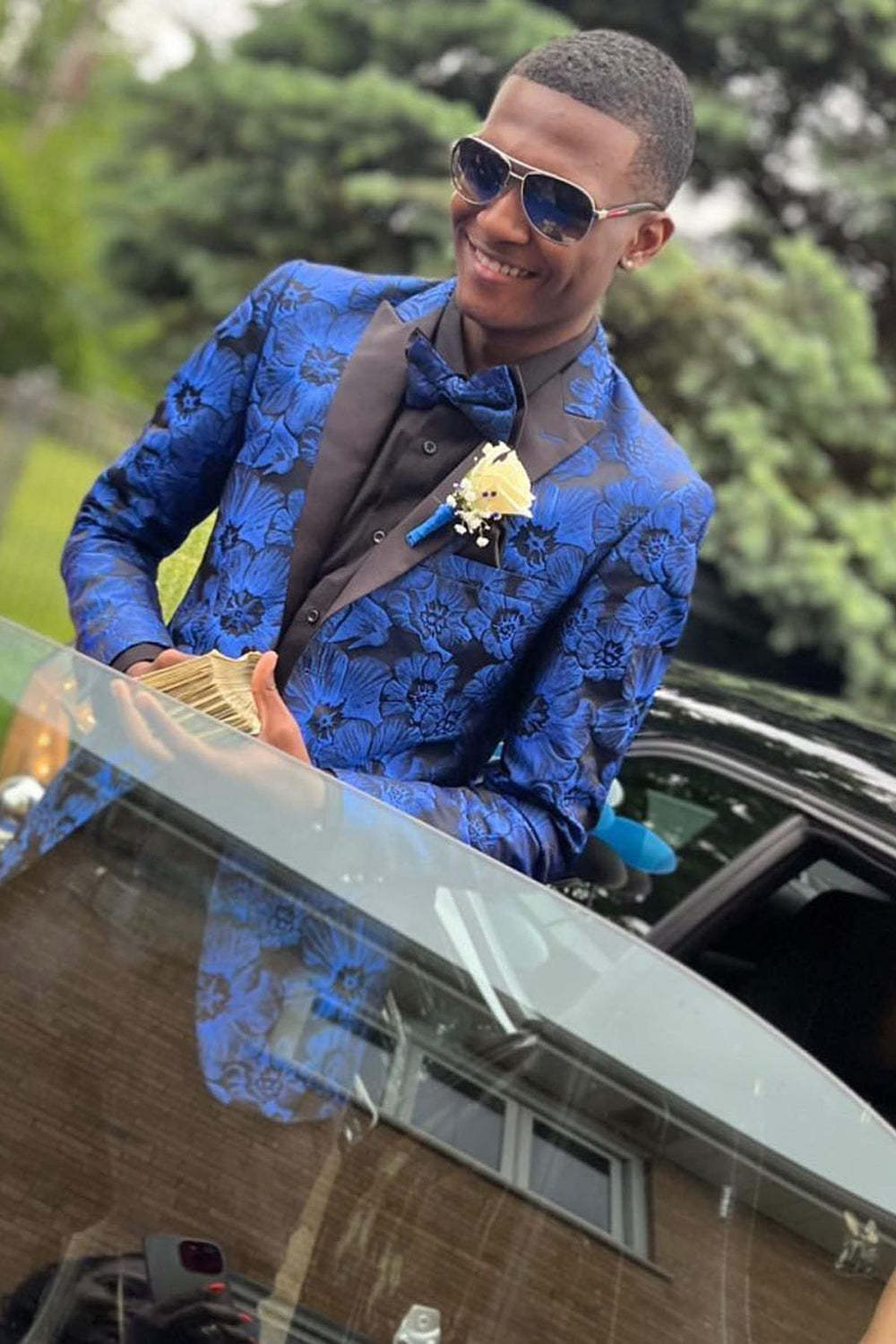 Royal Blue Jacquard Peak Lapel Prom Blazer for Men