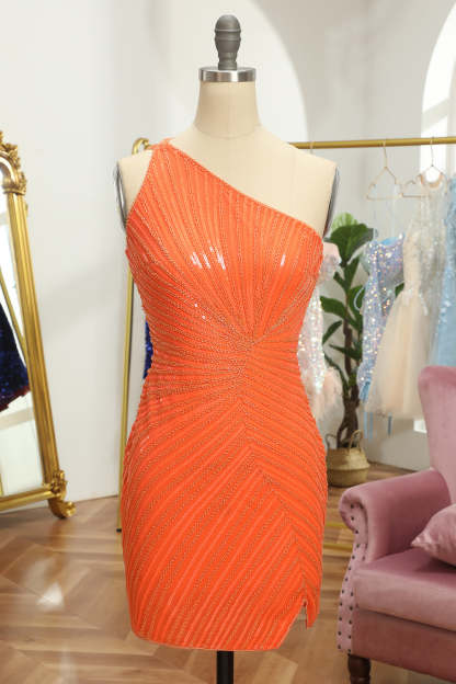Glitter Sheath Orange Sequins One Shoulder Beaded Tight Cocktail Dress