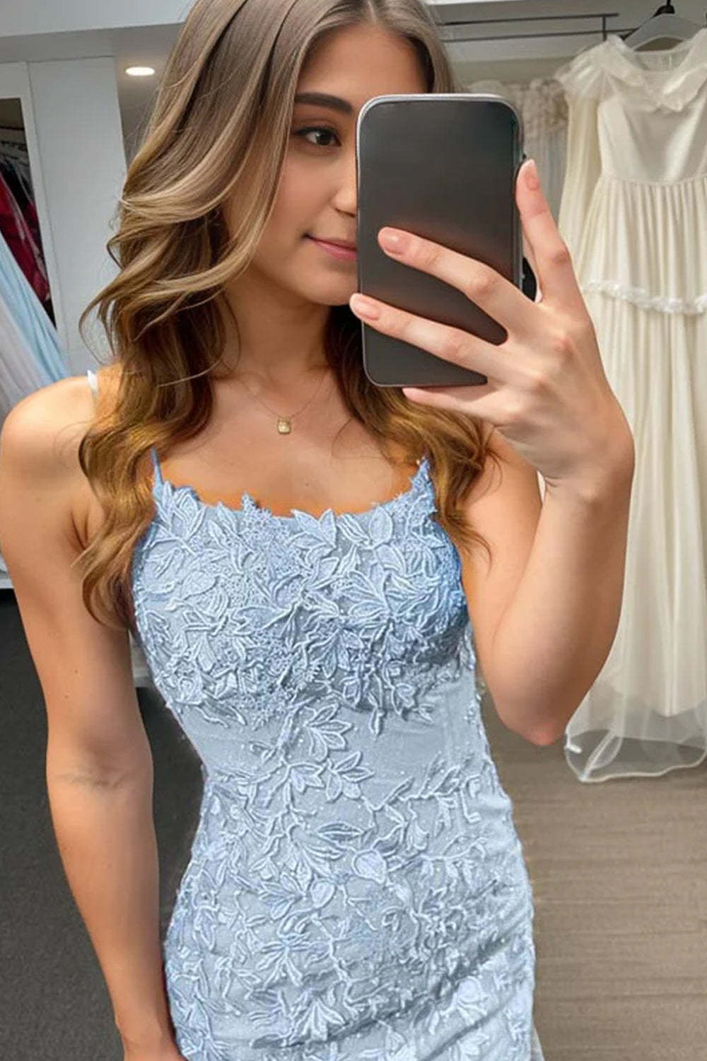 Light Blue Short Tight Cocktail Dress With Lace Beading