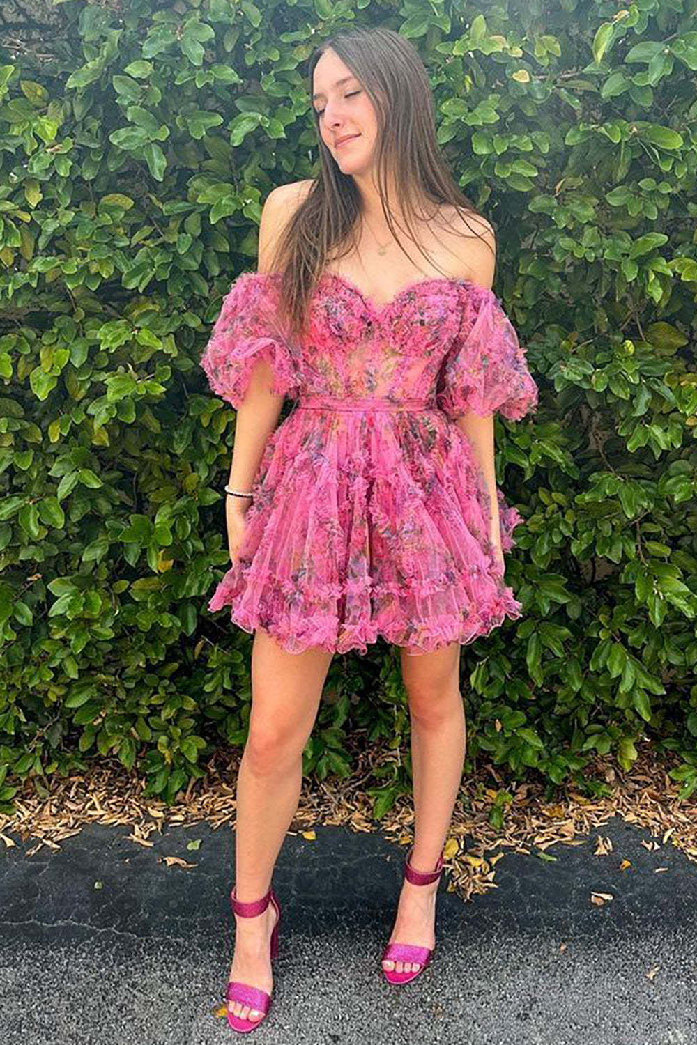 Cute A Line Off The Shoulder Pink Printed Short Cocktail Dress
