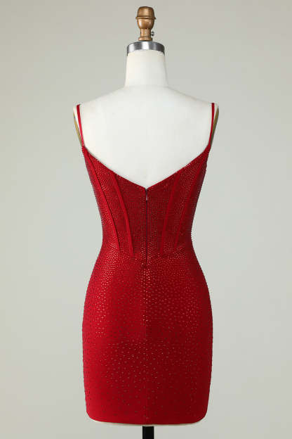 Sparkly Bodycon Spaghetti Straps Red Short Cocktail Dress With Beading