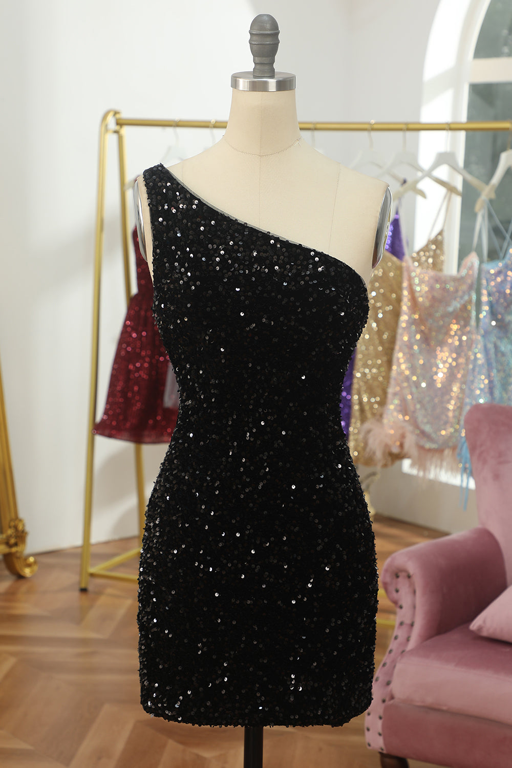Sparkly Tight Black Sequins One Shoulder Cocktail Dress