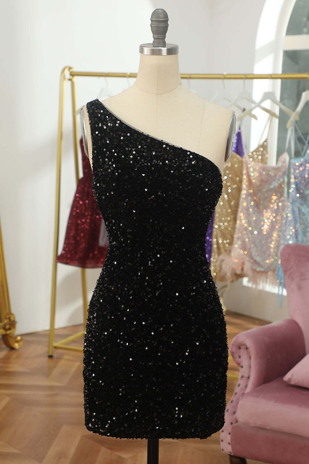 Sparkly Tight Black Sequins One Shoulder Cocktail Dress