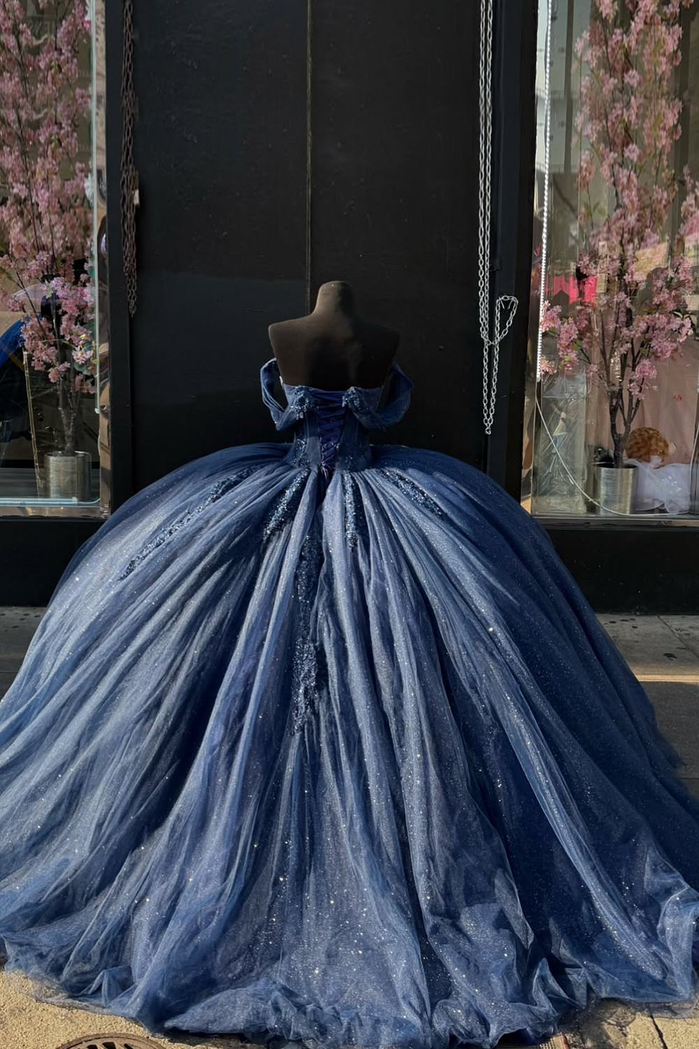 Navy Sparkle Corset Dress with Off-Shoulder Tulle and Applique for Quinceanera
