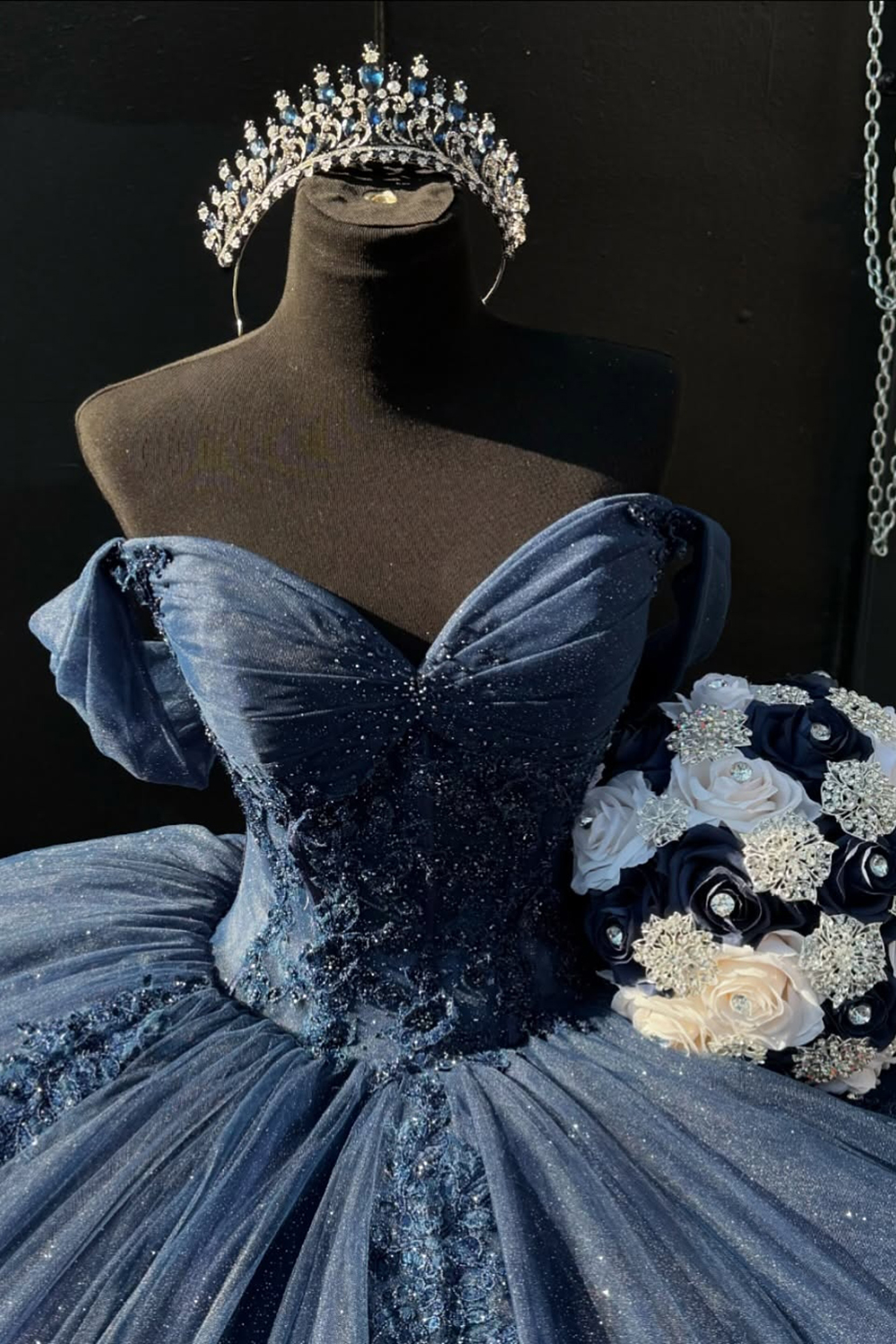 Navy Sparkle Corset Dress with Off-Shoulder Tulle and Applique for Quinceanera
