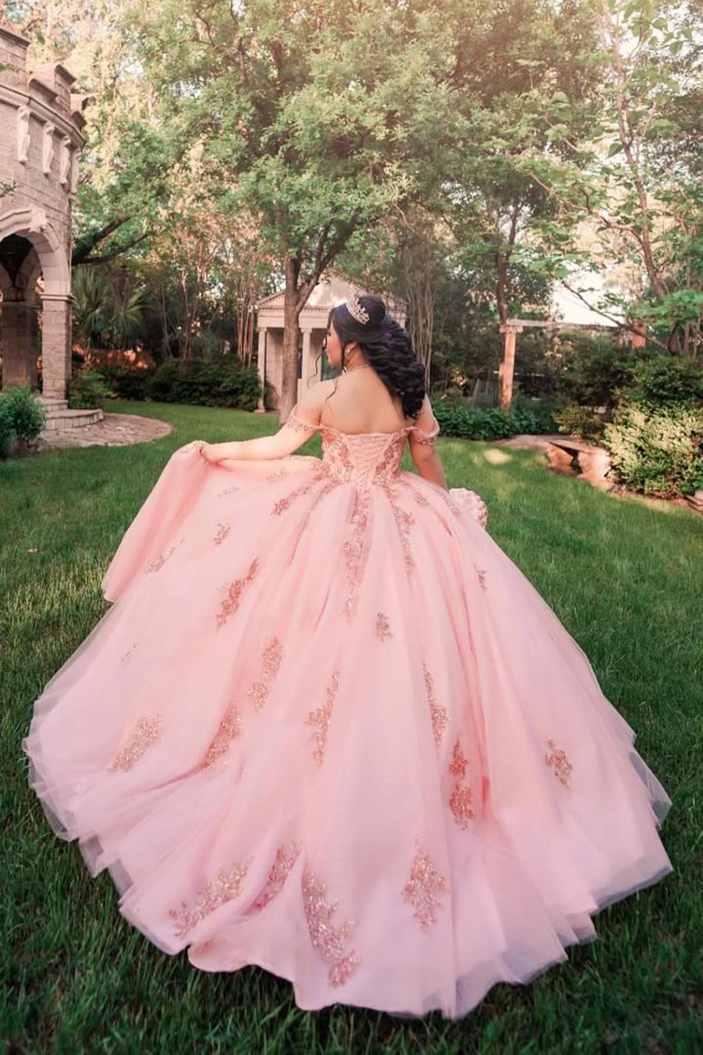 Off the Shoulder Quinceanera Dress in Sparkly Blush Pink with Sequined Appliques and Tulle