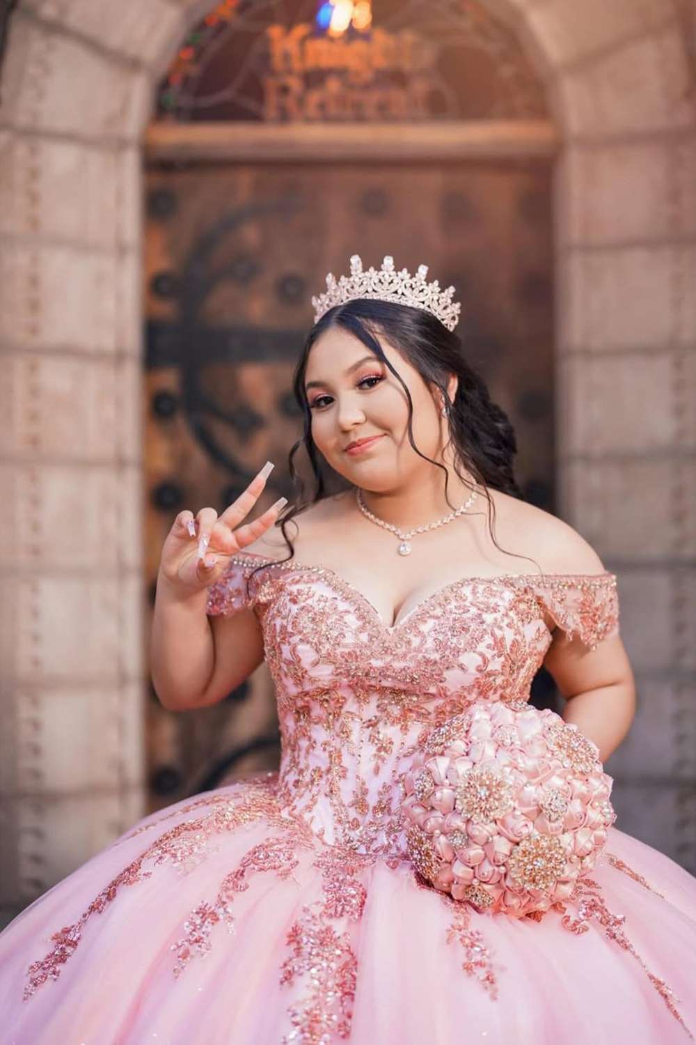 Off the Shoulder Quinceanera Dress in Sparkly Blush Pink with Sequined Appliques and Tulle