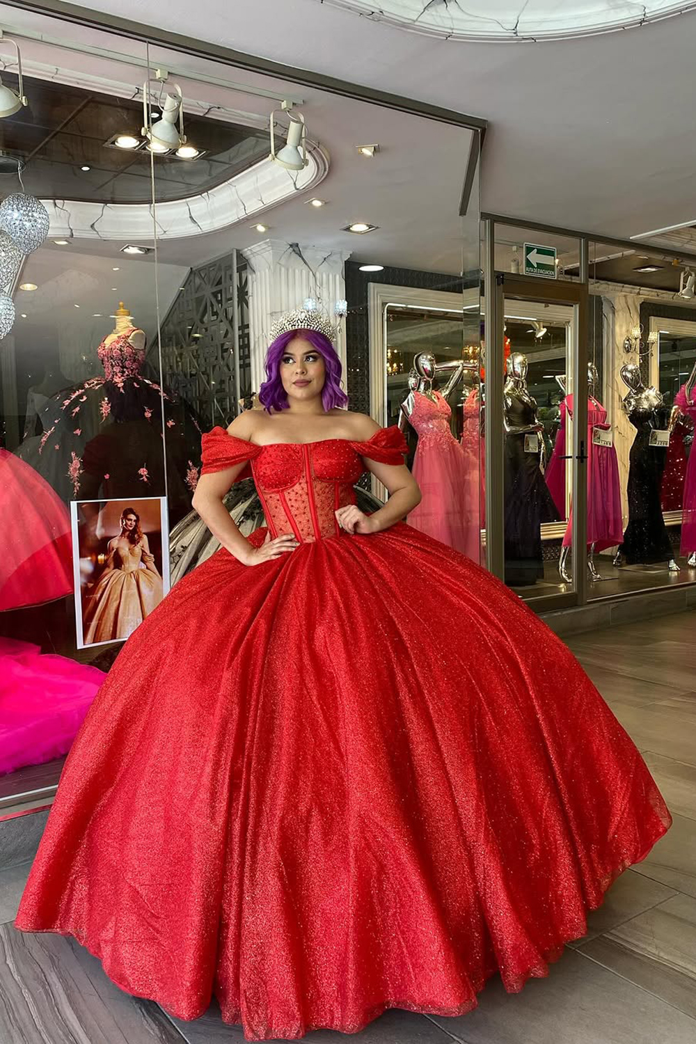 Off the Shoulder Beaded Tulle Quinceanera Dress in Sparkly Red