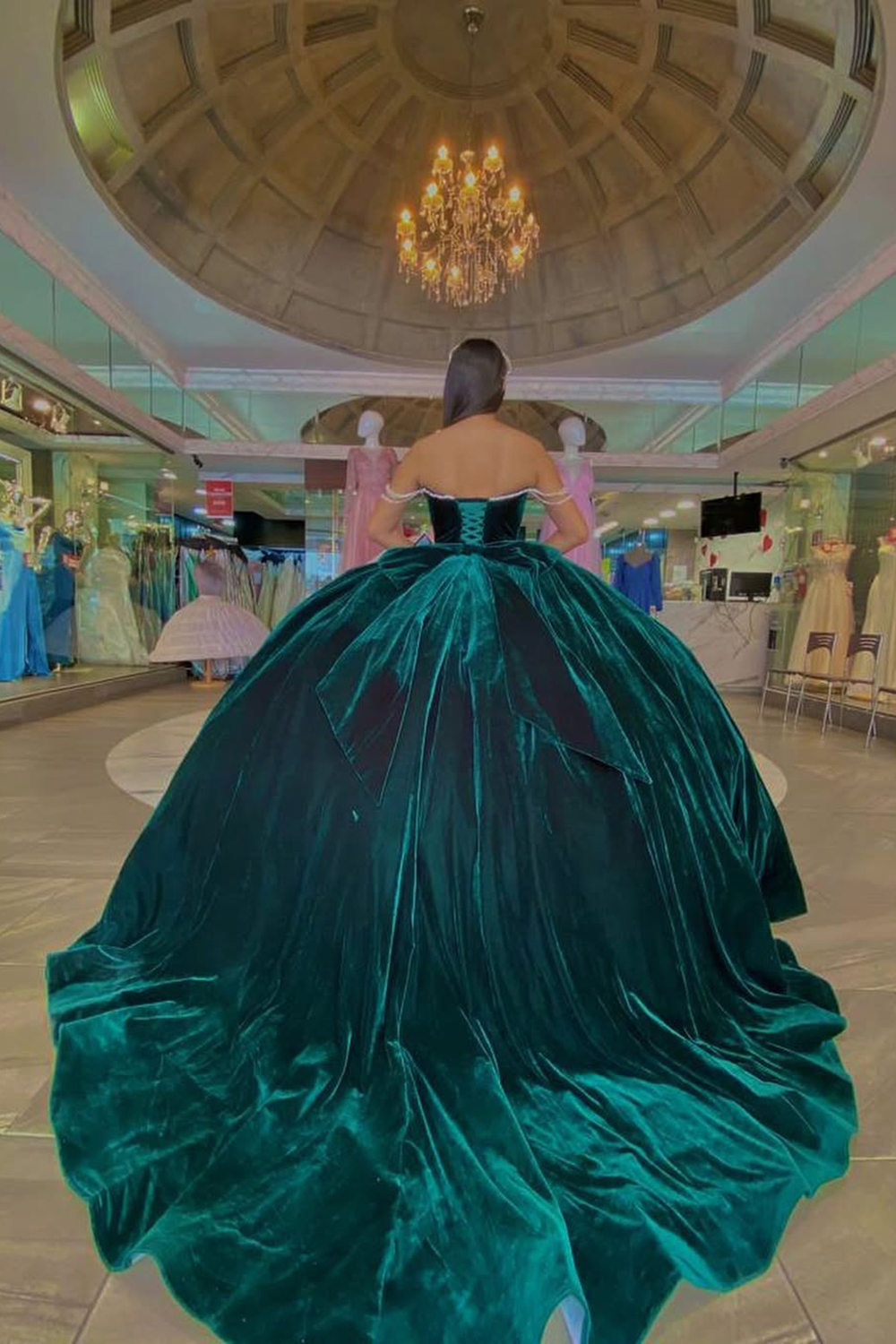 Off-the-Shoulder Velvet Quinceanera Gown in Peacock Green with a Bow