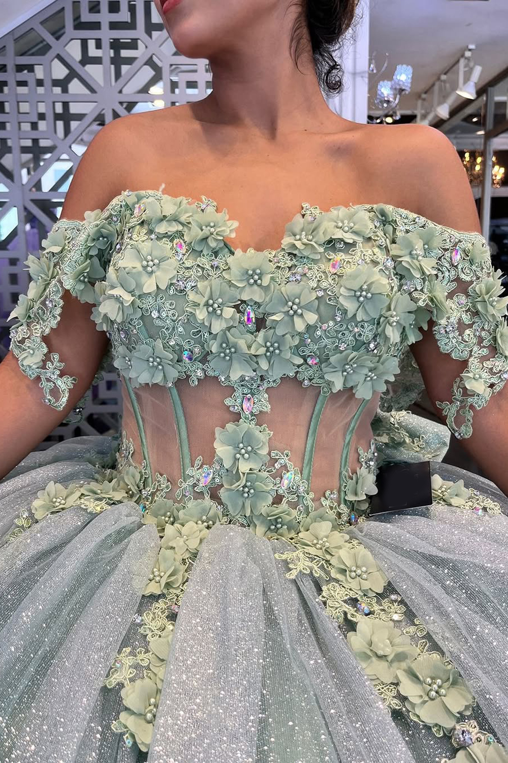 Off the Shoulder Sparkly Ball Gown in Dusty Sage with Bow Applique for Quinceanera