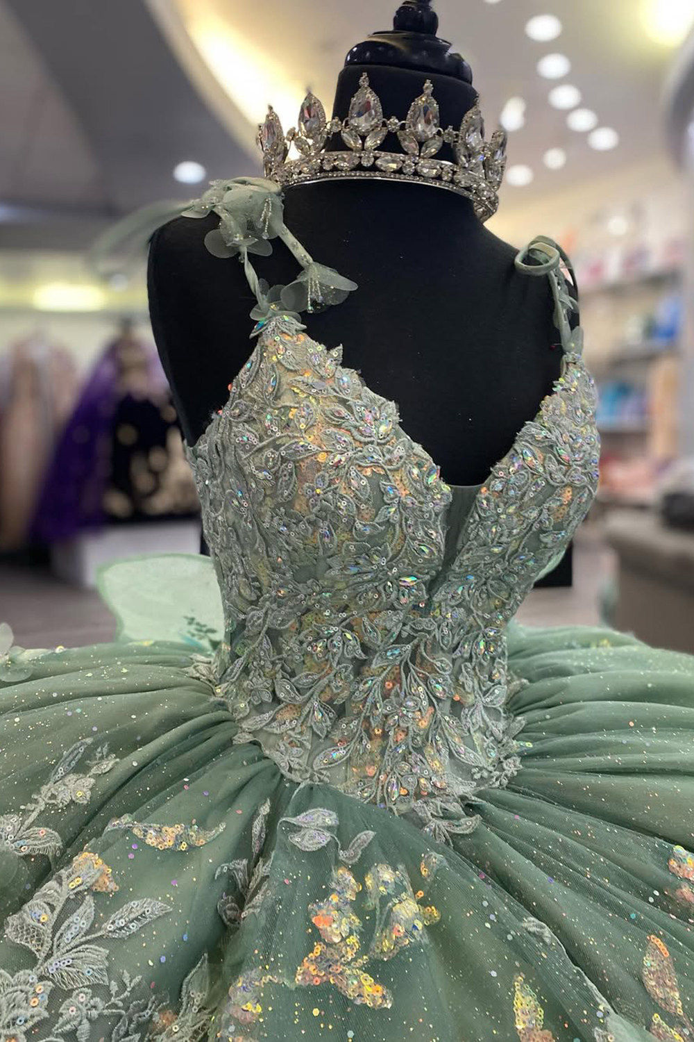 Dusty Sage Ball Gown with Sparkly Spaghetti Straps and Tulle Appliques for Quinceanera
