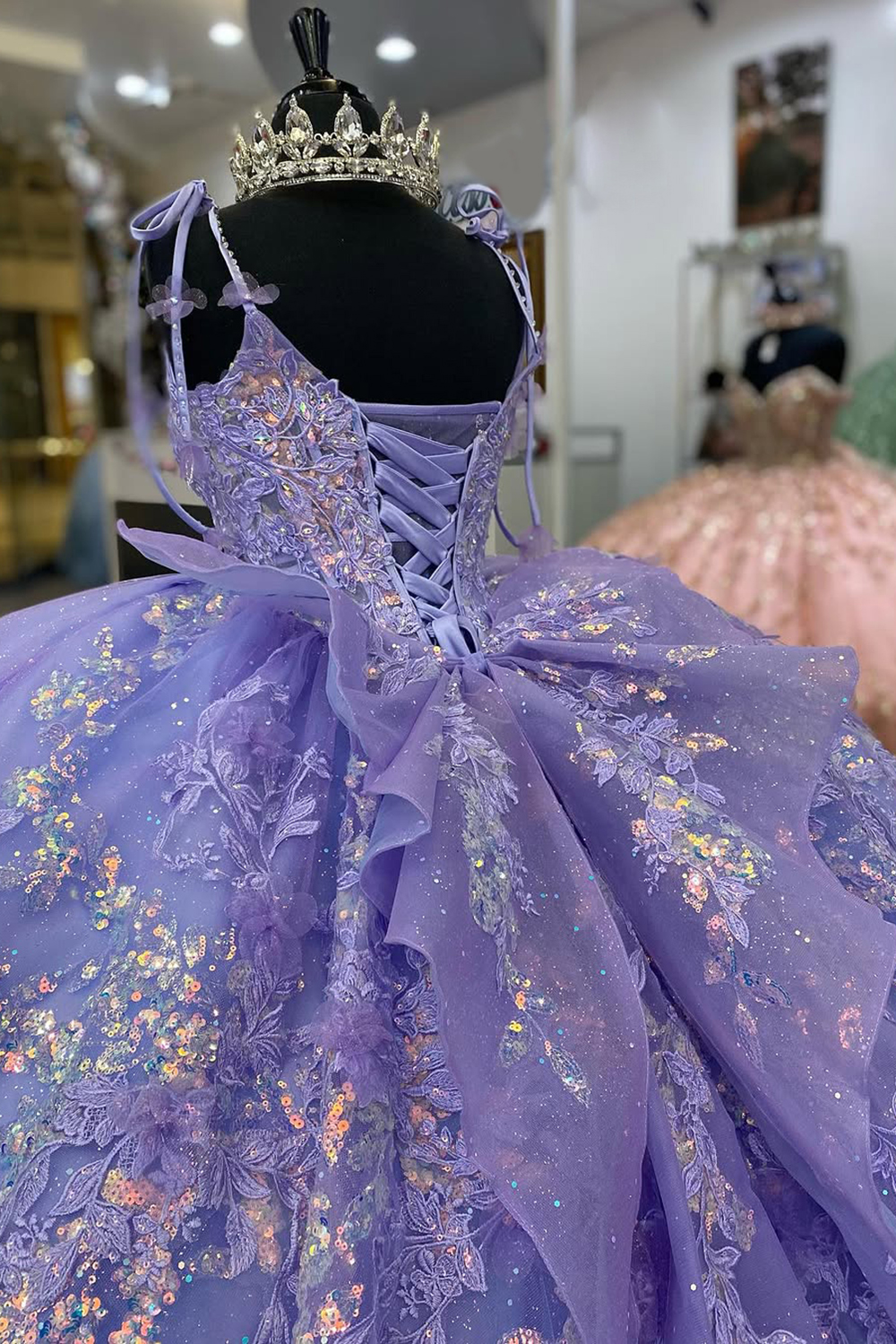 Dusty Sage Ball Gown with Sparkly Spaghetti Straps and Tulle Appliques for Quinceanera