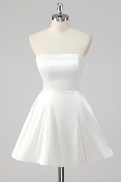 White A Line Strapless Mini Length Graduation Dress