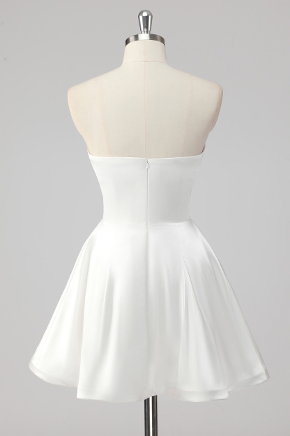 White A Line Strapless Mini Length Graduation Dress