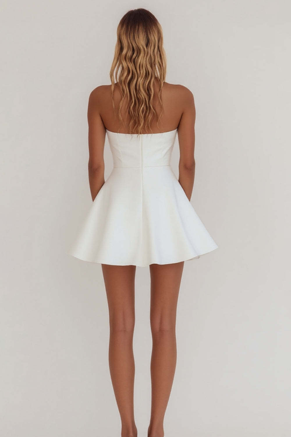 White A Line Strapless Mini Length Graduation Dress
