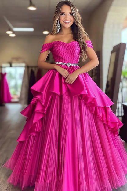Long Fuchsia Prom Dress in Satin with Pleated Ruffles and Ruched Ball Gown