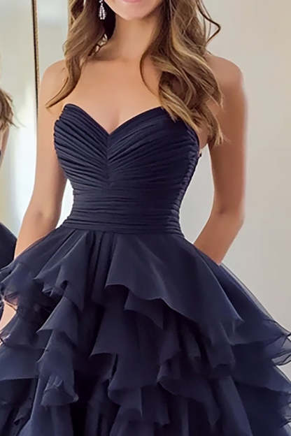 Long Navy Prom Dress in Tulle with Ruffles and Ball Gown Silhouette