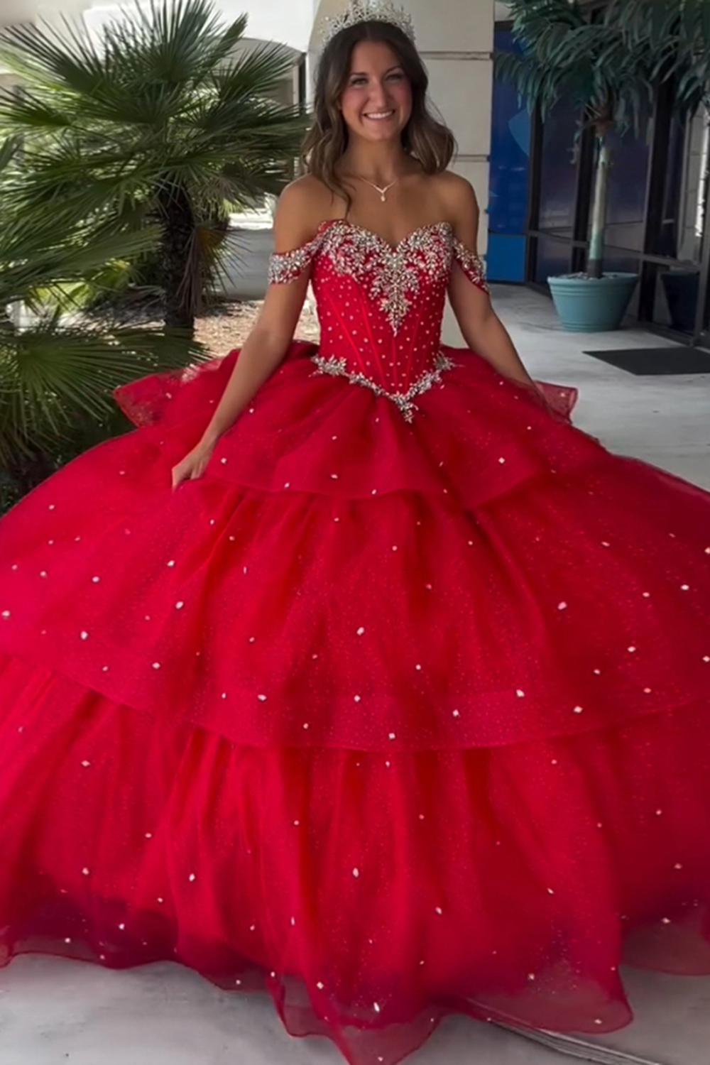Tiered Off the Shoulder Quinceanera Dress in Sparkly Red with Beading
