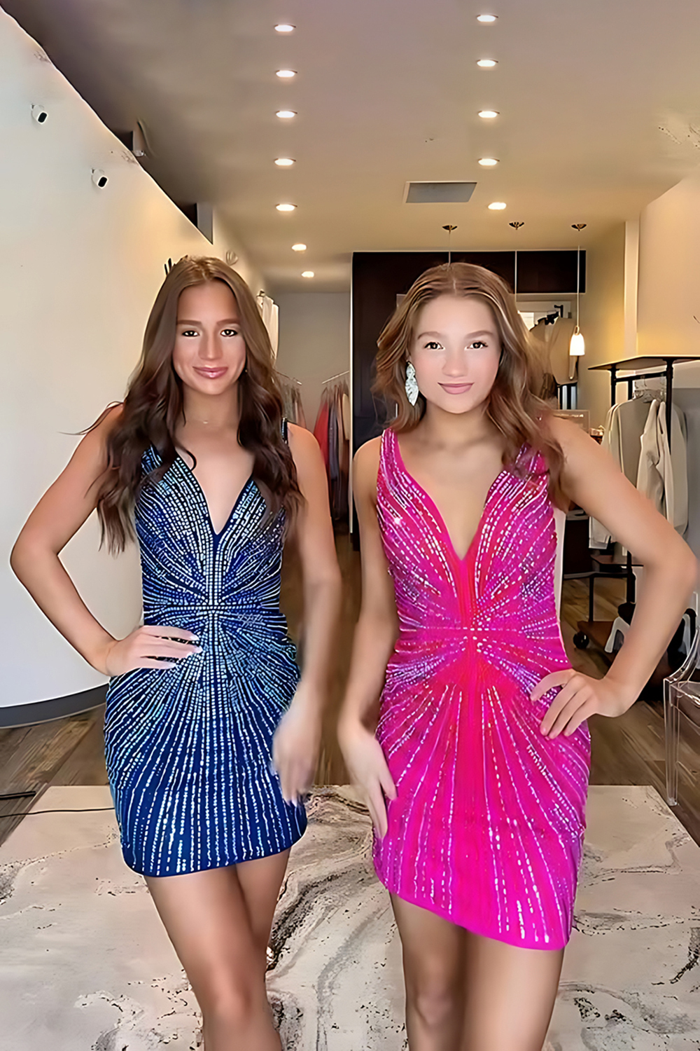 Sparkly Fuchsia Beaded Depp V Neck Short Bodycon Cocktail Dress