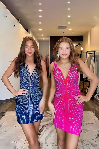 Sparkly Fuchsia Beaded Depp V Neck Short Bodycon Cocktail Dress