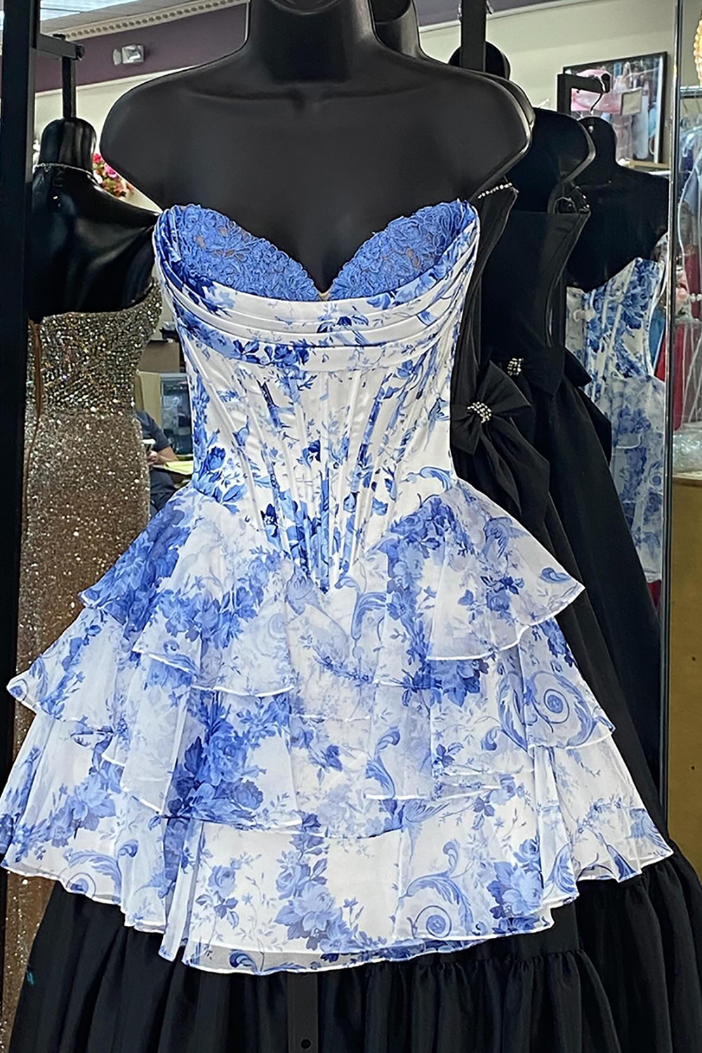 Floral Blue Corset A Line Sweetheart Tiered Short Cocktail Dress