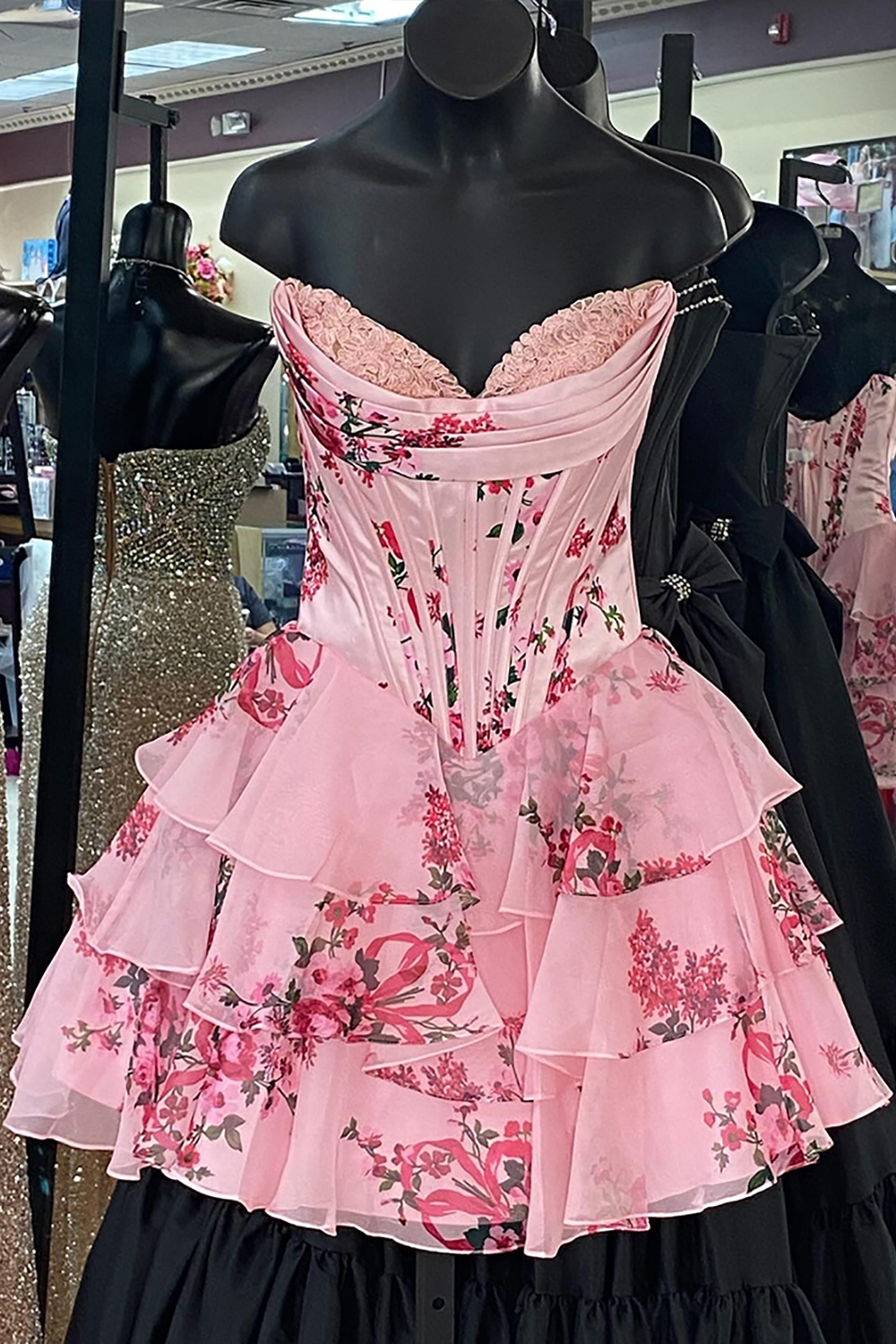 Floral Blue Corset A Line Sweetheart Tiered Short Cocktail Dress