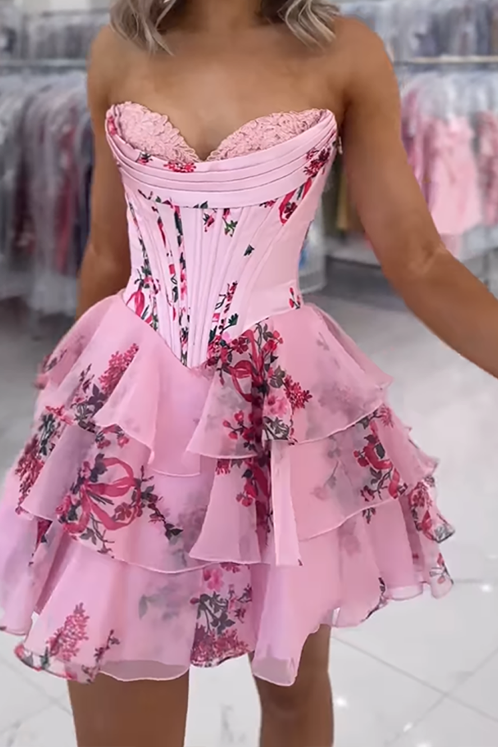 Floral Blue Corset A Line Sweetheart Tiered Short Cocktail Dress