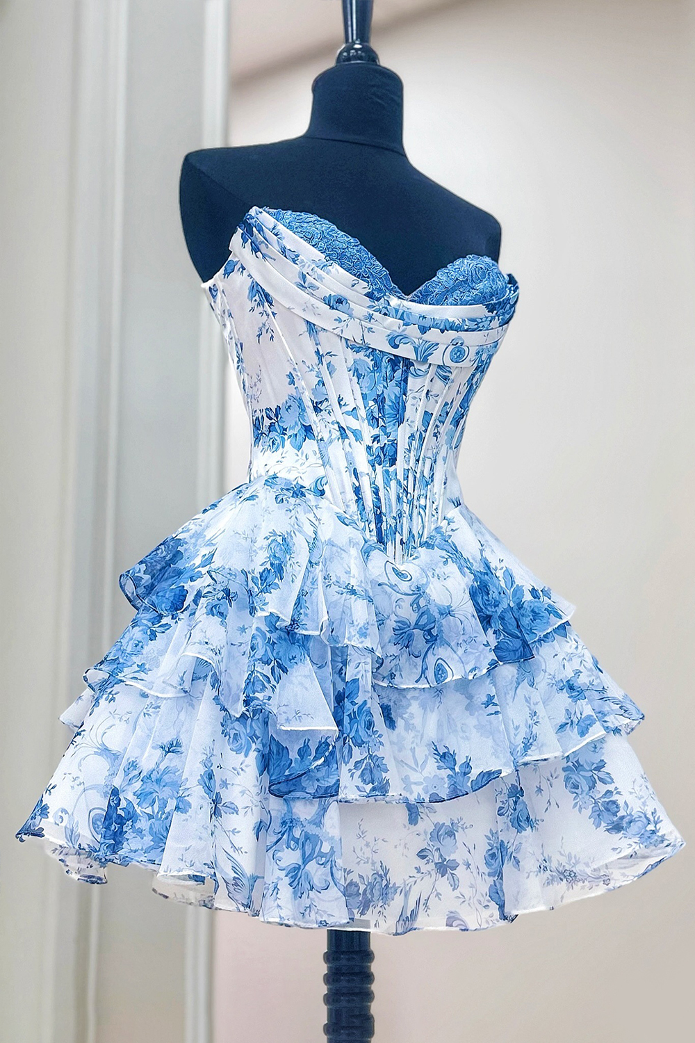 Floral Blue Corset A Line Sweetheart Tiered Short Cocktail Dress