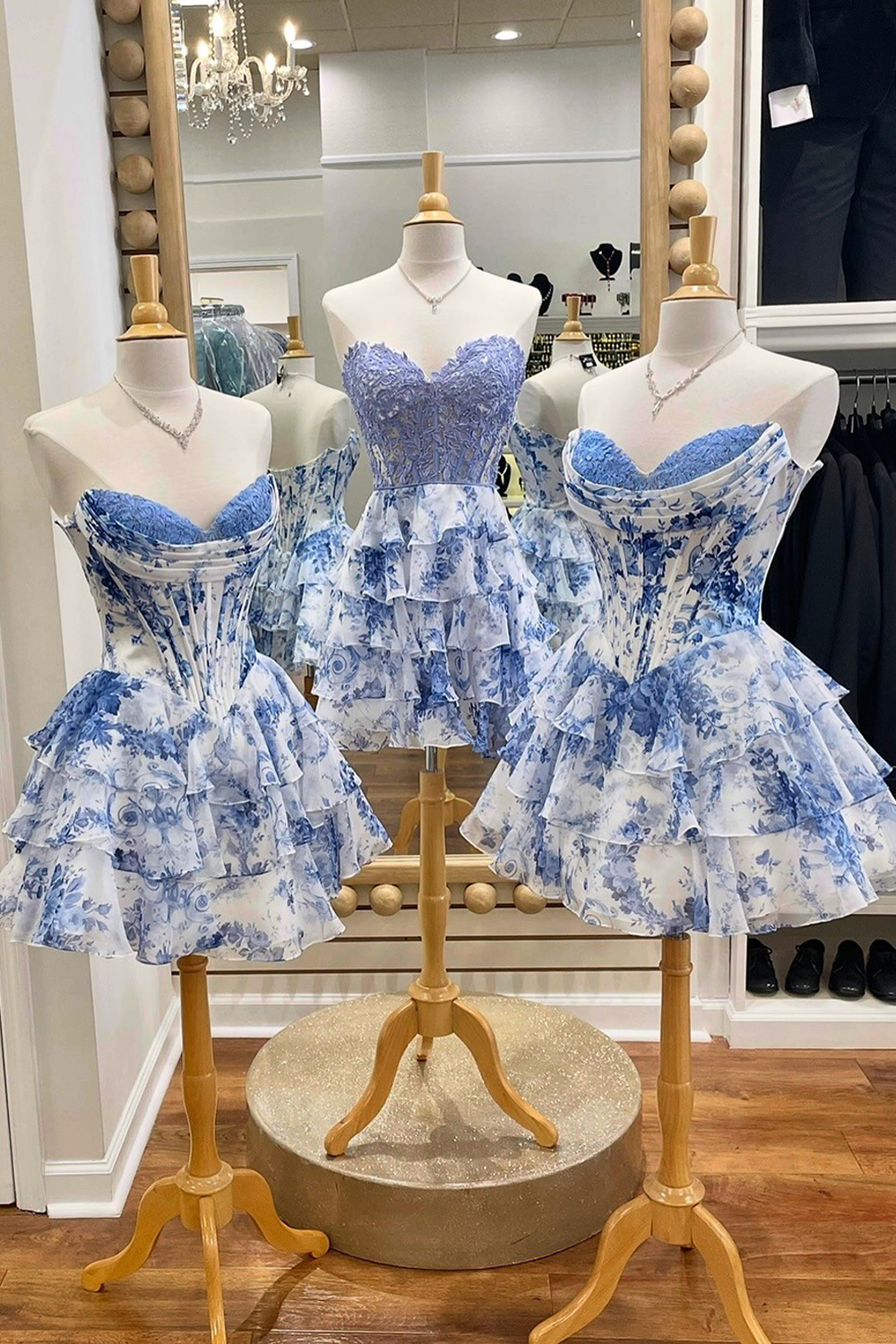 Floral Blue Corset A Line Sweetheart Tiered Short Cocktail Dress
