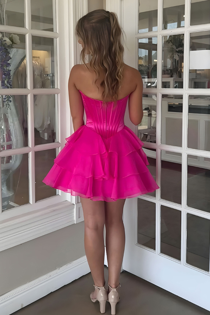 Fuchsia A Line Sweetheart Short Corset Cocktail Dress With Ruffles