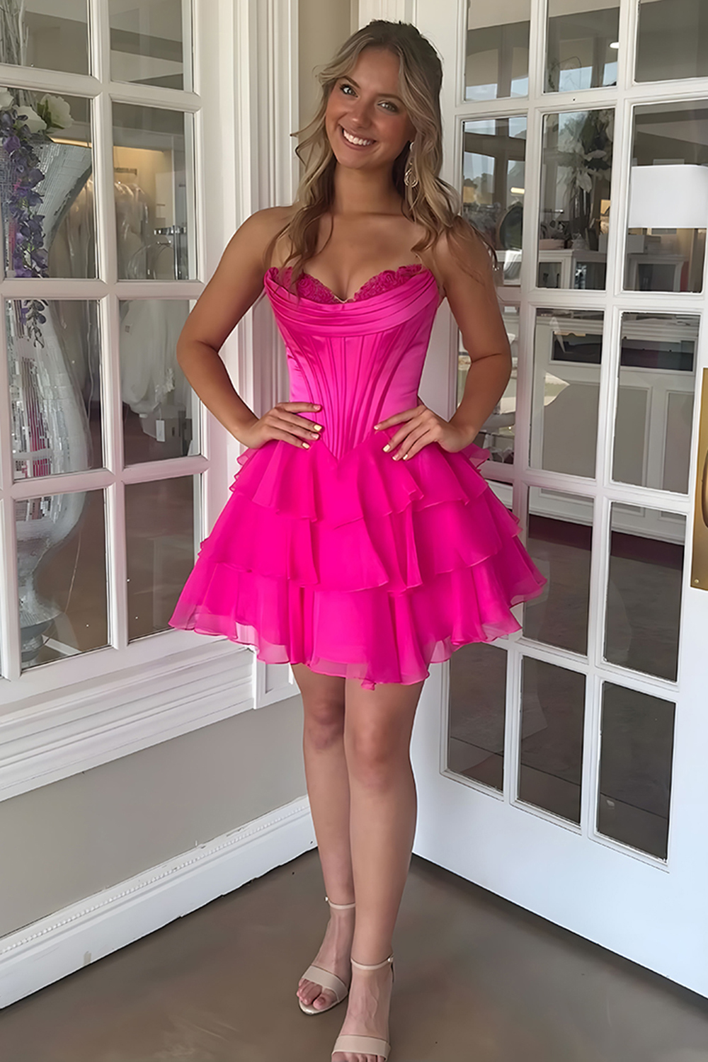 Fuchsia A Line Sweetheart Short Corset Cocktail Dress With Ruffles