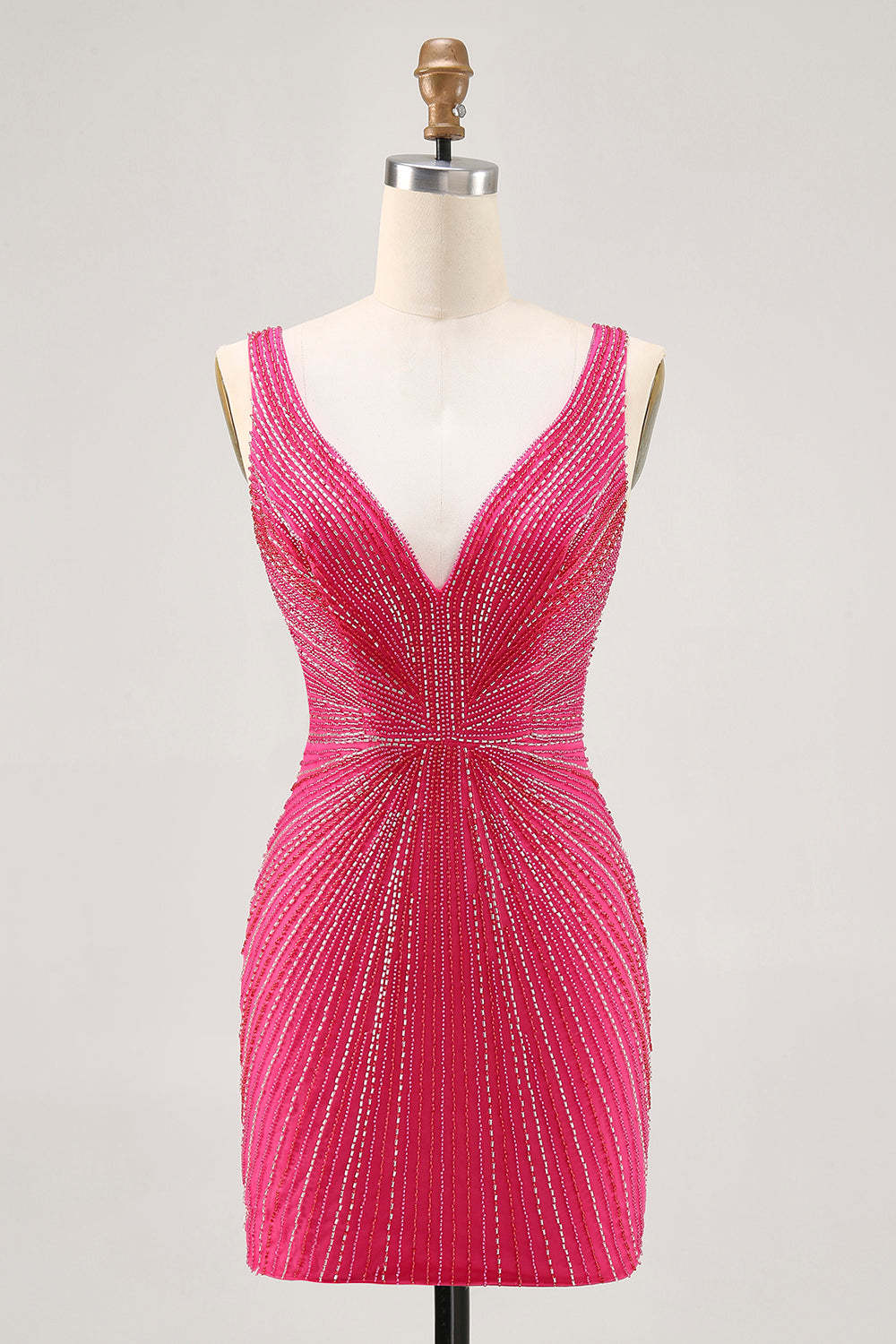Sparkly Fuchsia Beaded Depp V Neck Short Bodycon Cocktail Dress