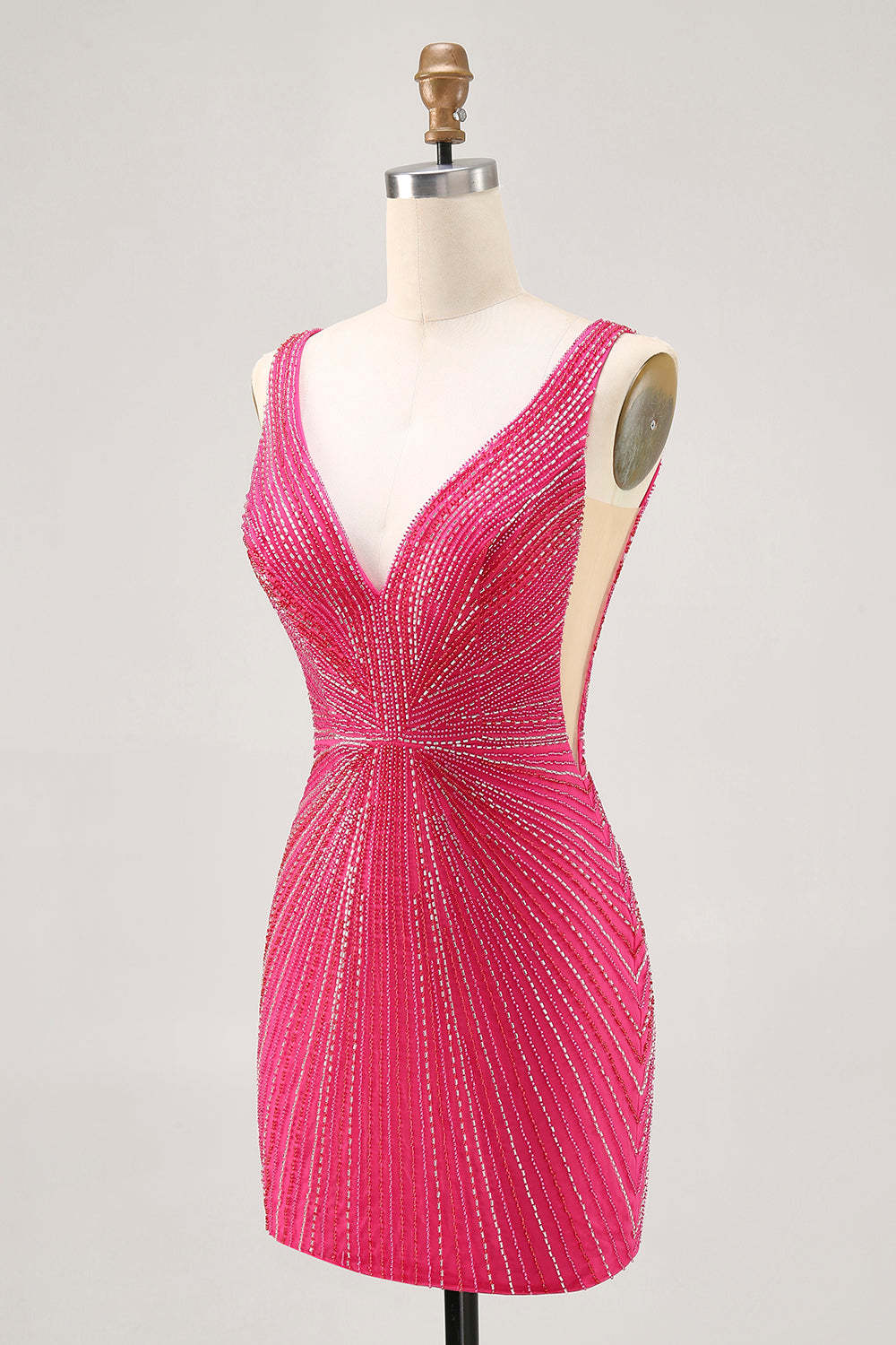 Sparkly Fuchsia Beaded Depp V Neck Short Bodycon Cocktail Dress
