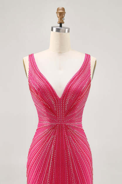 Sparkly Fuchsia Beaded Depp V Neck Short Bodycon Cocktail Dress